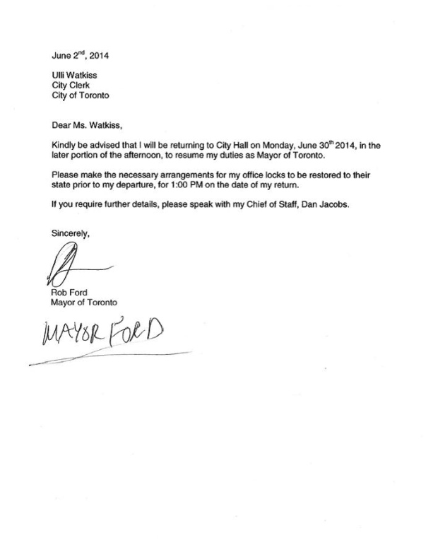 Rob Ford files letter to city clerk