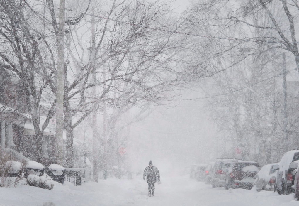 A man walks up the middle of a street in Toronto as a snow storm hits with strong winds and heavy snow on Monday, February 2, 2015. THE CANADIAN PRESS/Darren Calabrese