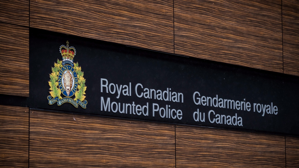 The RCMP logo is seen outside Royal Canadian Mounted Police "E" Division Headquarters, in Surrey, B.C., on April 13, 2018. (THE CANADIAN PRESS / Darryl Dyck)