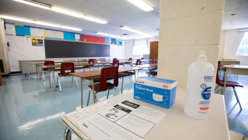 A physically distanced classroom with masks and hand sanitizer is seen at Kensington Community School amidst the COVID-19 pandemic on Tuesday, September 1, 2020. THE CANADIAN PRESS/Carlos Osorio