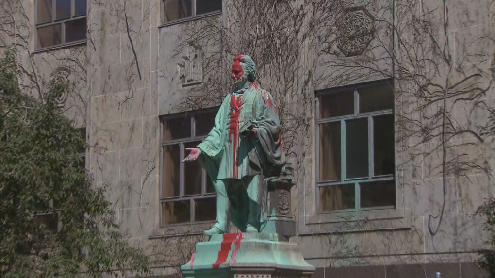The statue of Egerton Ryerson, the namesake of Ryerson University, has been defaced after news surfaced of the discovery of over 200 children's remains found at a residential school in British Columbia. 