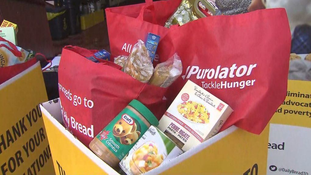 Non-perishable food items are seen at a Daily Bread Food Bank drive. 
