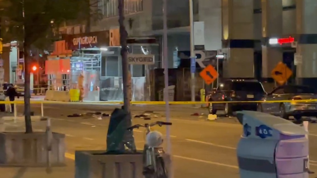 Debris is pictured on Bloor Street following a controlled detonation of an unknown object. 