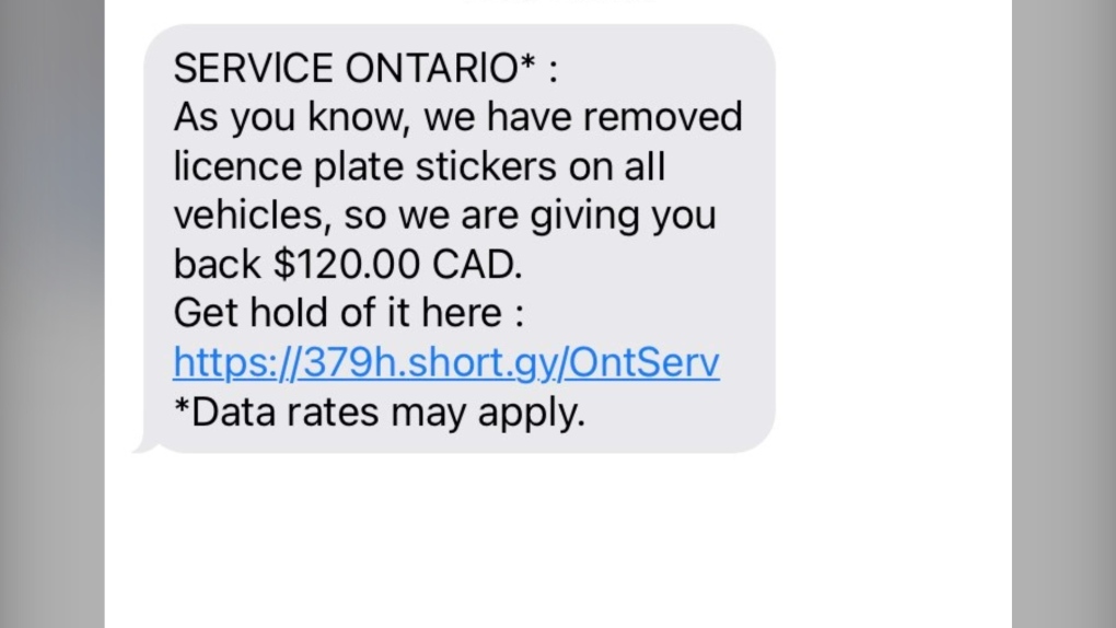 A text message offering a refund for an Ontario licence plate sticker is seen in this photo.