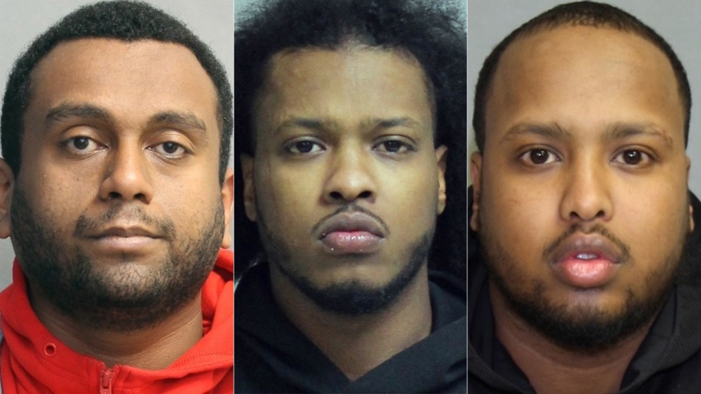 From left: Yonathan Yogi Wolde, 30, Kalid Mohamed, 28, and Abilaziz Mohamed, 32, have been arrested and charged in connection with a human trafficking investigation. (Toronto Police Service)