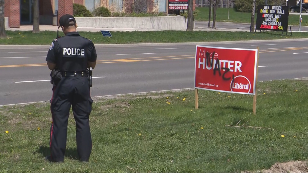 Toronto police are investigating after several election signs were defaced with graffiti in Scarborough.