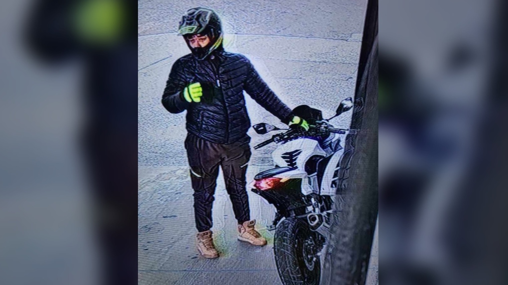 A photograph of a motorcyclist who allegedly committed more than a dozen armed robberies across the GTA in recent weeks.