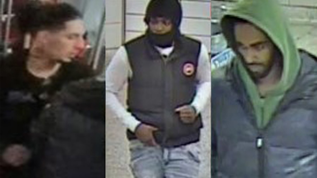 Photos of three suspects being sought by police in connection with a robbery investigation. (Toronto Police Service)