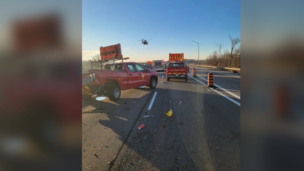 Two MTO workers were injured in a Nov. 5 collision on Highway 400.  (OPP/photo)