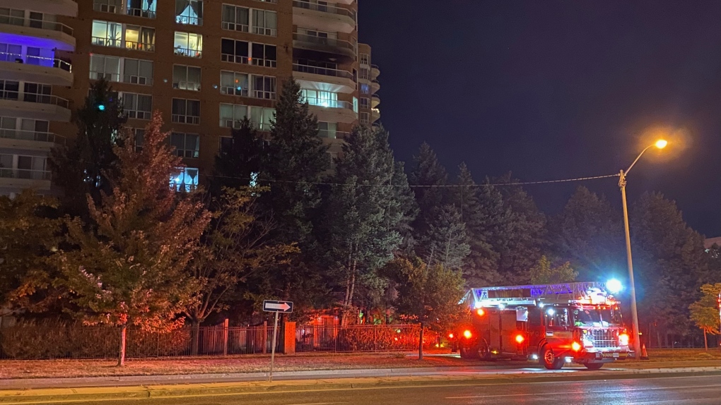 Firefighters respond to a highrise fire on Mclevin Avenue in Scarborough Thursday September 28, 2023. (Mike Nguyen /CP24)