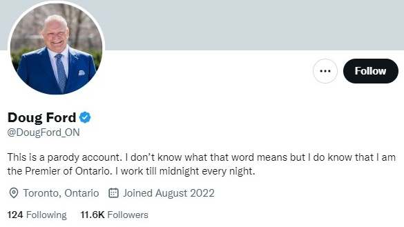 A Twitter account given a blue checkmark impersonating Premier Doug Ford can be seen above. 
