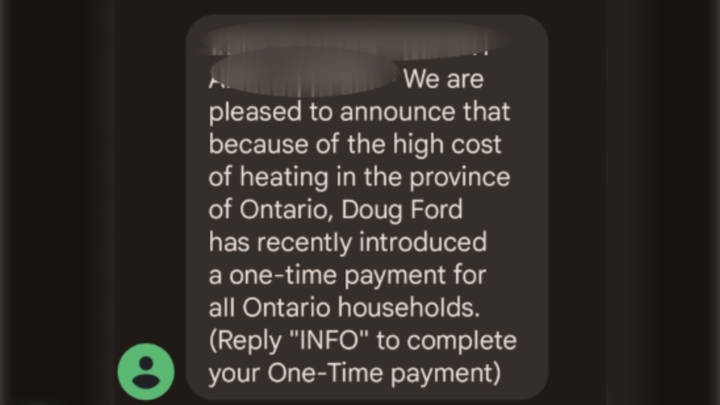 A fraudulent text message claiming to be from the Ontario government can be seen above. 
