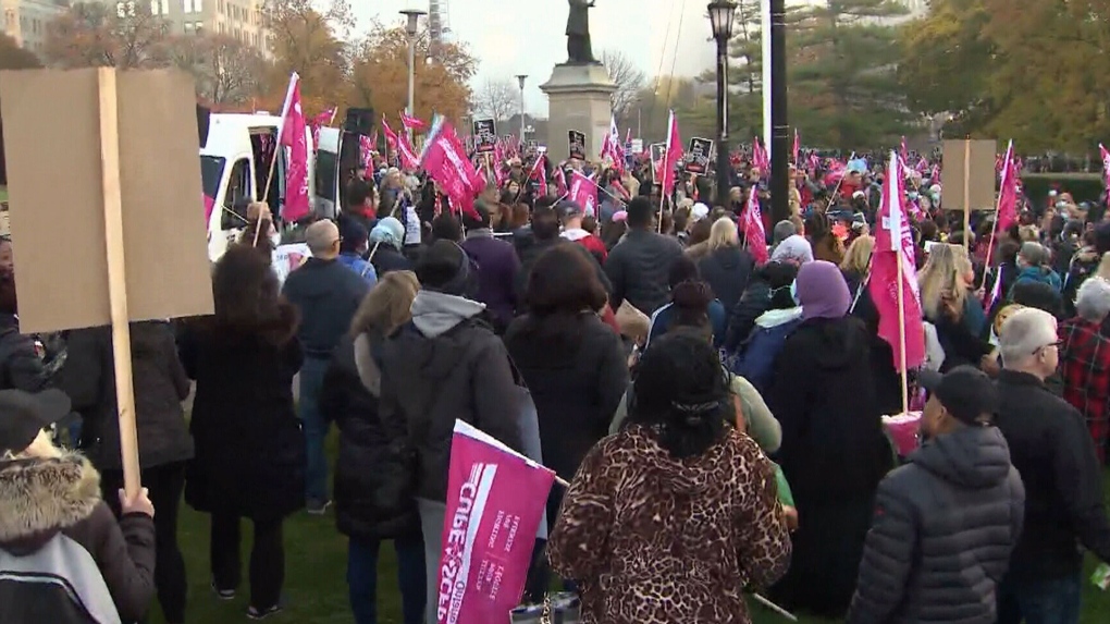 Thousands of picketers gathered outside Queen's Park on the first day of an indefinite and illegal strike by school support workers.