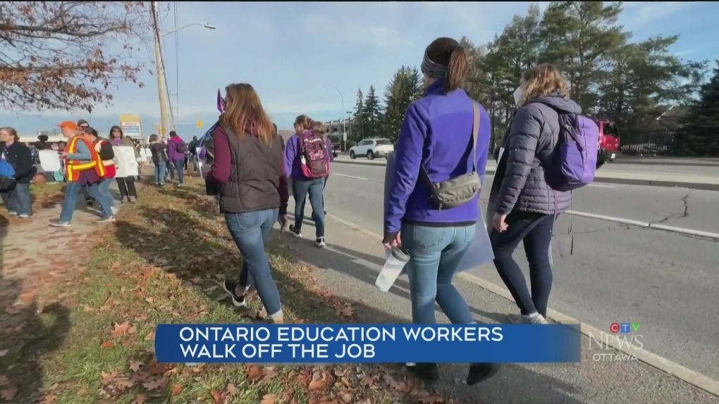 Ontario education workers and their supporters picketed outside Barrhaven MPP Lisa MacLeod’s office on Friday. CTV's Tyler Fleming reports.