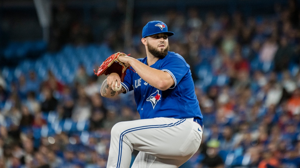 Toronto Blue Jays starting pitcher Alek Manoah (6) throws the ball during first inning AL MLB baseball action against the Boston Red Sox, in Toronto on Friday, September 30, 2022. THE CANADIAN PRESS/Christopher Katsarov