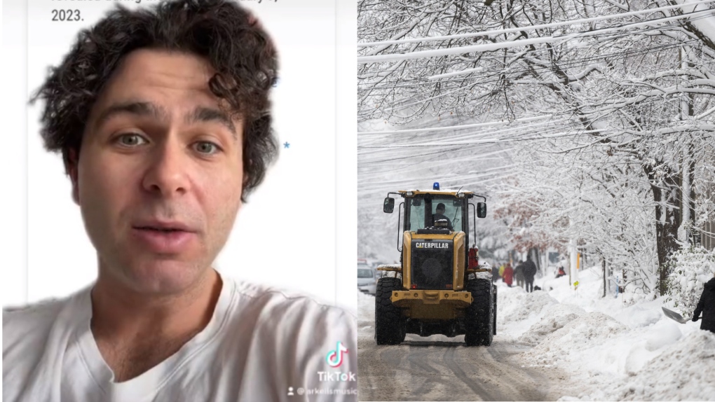 A screenshot of the Arkells' Max Kerman's TikTok video encouraging fans to vote in the City of Hamilton's 'Name the Plow' initiative (TikTok/arkellsmusic). A snowplow makes its way along a street in Ottawa after a snowstorm, on Saturday, Dec. 17, 2022. THE CANADIAN PRESS/Justin Tang