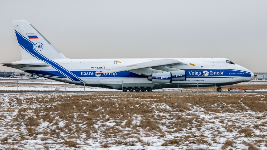 This Russian cargo plane has been stuck at Pearson since Feb. 27. (Tom Podelec Aviation / @TomPodolec)