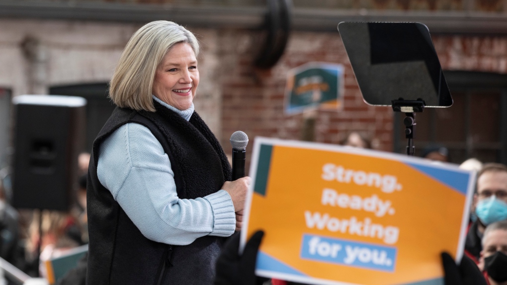 Ontario NDP Leader Andrea Horwath makes an announcement during a rally in Toronto, on Sunday, April 3, 2022. THE CANADIAN PRESS/Chris Young