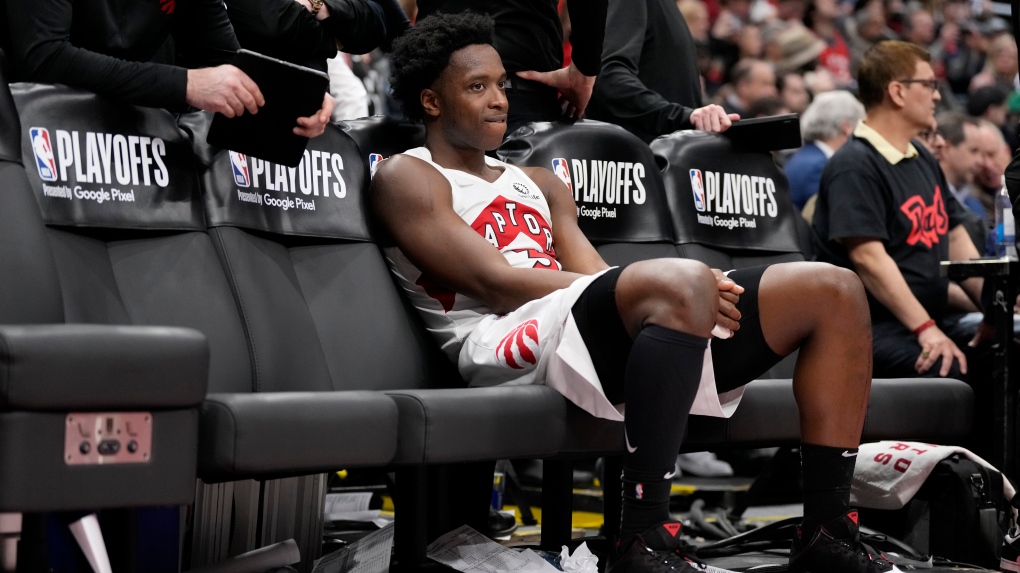 Toronto Raptors forward OG Anunoby (3) looks on in the dying minutes of second half NBA East Division 1st round game 6 basketball action against the Philadelphia 76ers, in Toronto, Thursday, April 28, 2022. THE CANADIAN PRESS/Frank Gunn 