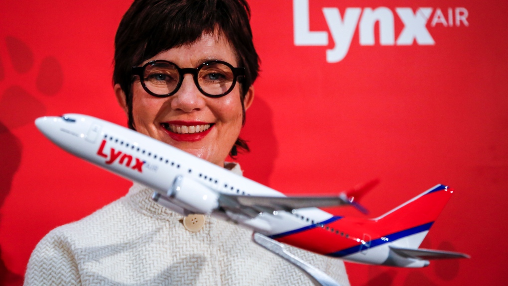 Merren McArthur, CEO of Lynx Air, announces the startup of the new airline at a news conference announcing Calgary, Alta., Tuesday, Nov. 16, 2021. THE CANADIAN PRESS/Jeff McIntosh