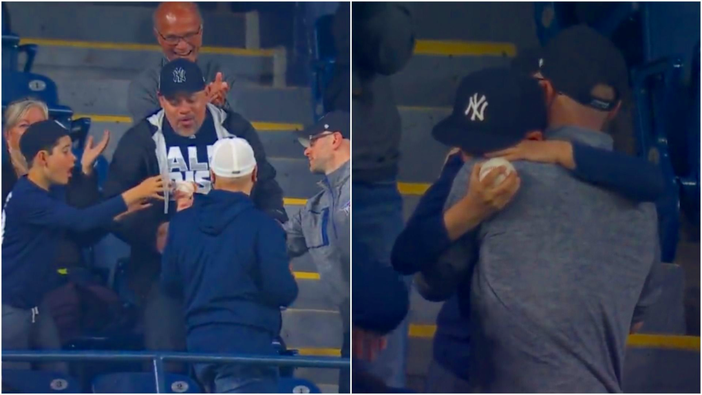 A boy in an Aaron Judge shirt can be seen receiving the baseball from a man in a Toronto Blue Jays hat (YESNetwork/Twitter)