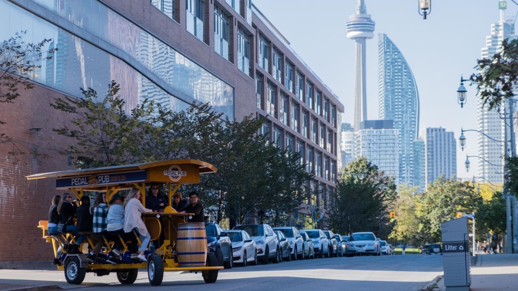 Toronto Pedal Pub posted a photo of one of their pedicabs in the city on social media. (https://www.pedalpub.com/)