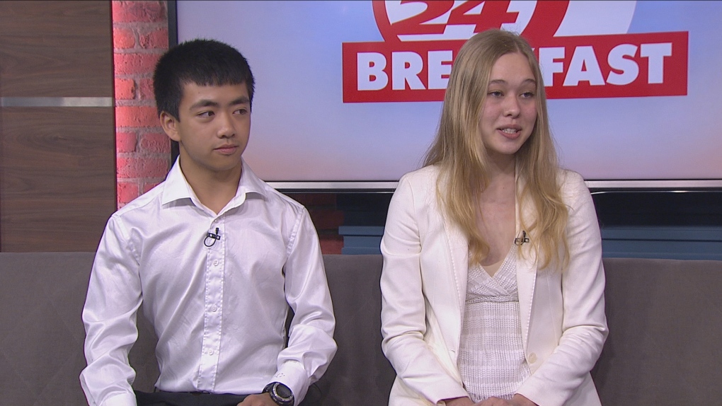 Kyle Sung (left) and Sienna Muller speak to CP24 on July 28, 2022. The two Toronto high school students are among five pupils who posted 100 per cent averages in their graduating year.