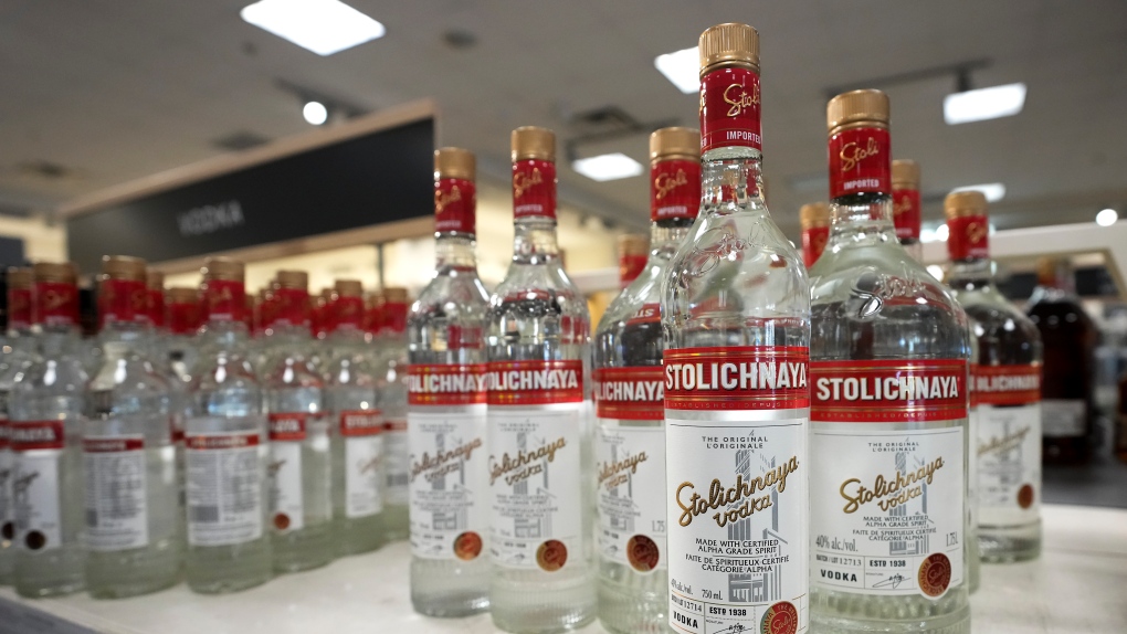 Bottles of Stolichnaya vodka are seen on an LCBO shelf in Mississauga, Ont., Friday, Feb. 25, 2022. THE CANADIAN PRESS/Nathan Denette