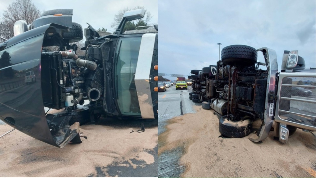 All eastbound collector lanes on Highway 401 are blocked at Victoria Park Avenue following a rollover involving a transport truck. (OPP_HSD/X)
