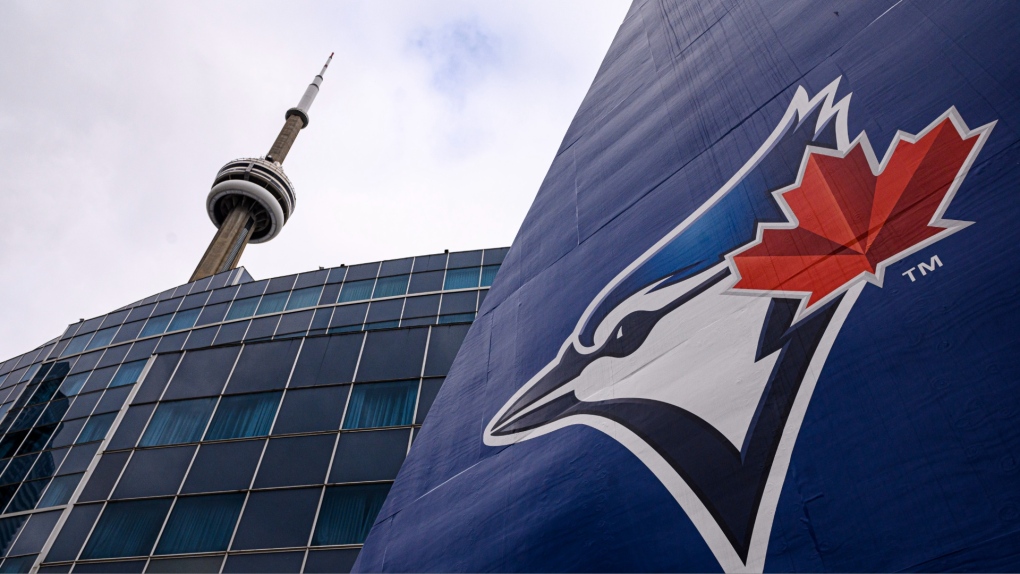 The Blue Jays logo is pictured ahead of MLB baseball action in Toronto on Wednesday, April 27, 2022. THE CANADIAN PRESS/Christopher Katsarov