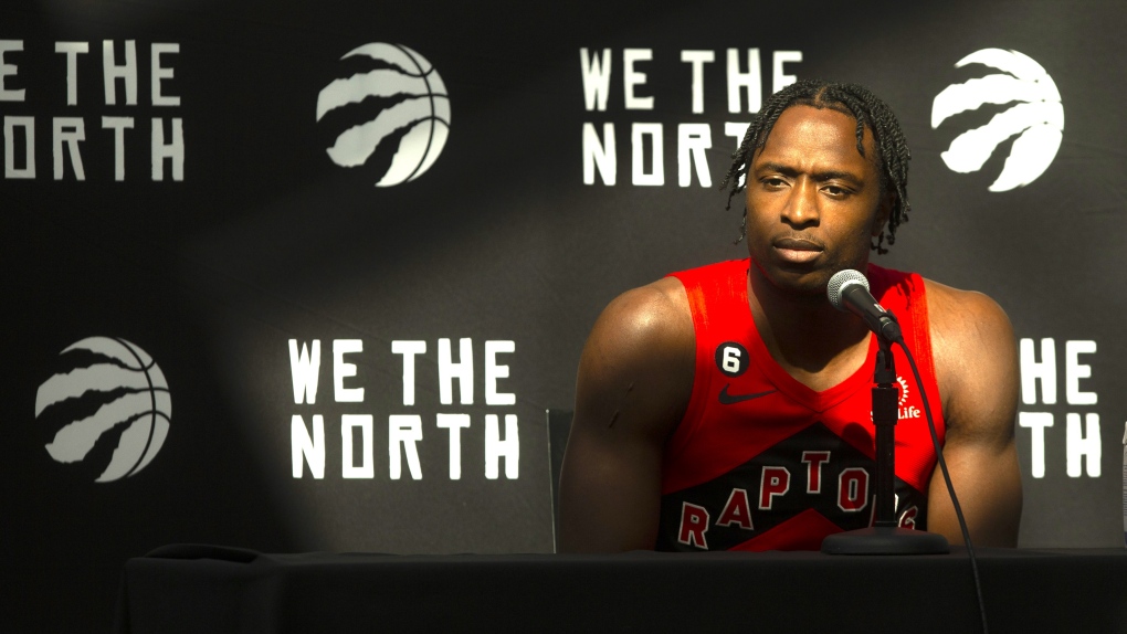 Toronto Raptors’ OG Anunoby speaks to reporters at the Raptors media day availability, in Toronto, Monday, Sept. 26, 2022. THE CANADIAN PRESS/Chris Young