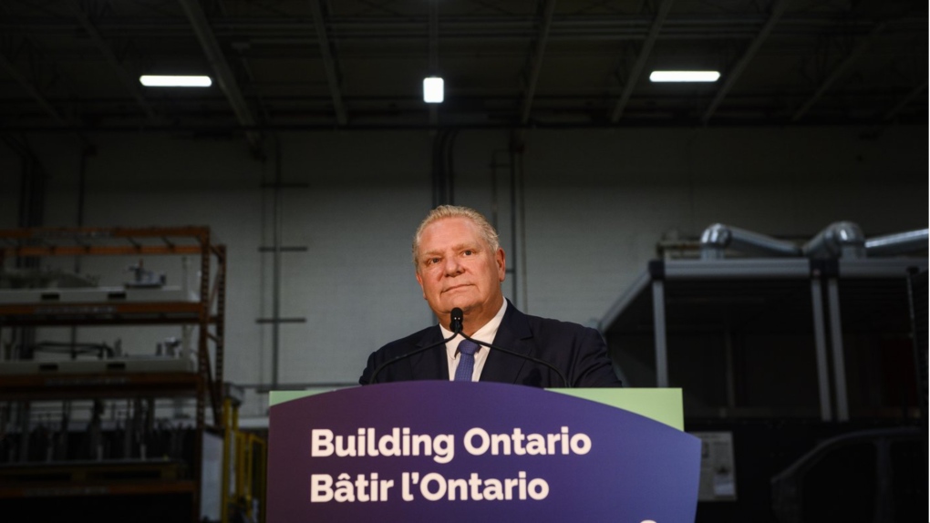 Ontario Premier Doug Ford makes an announcement at a Magna International production facility, in Brampton, Ont., on Wednesday, February 15, 2023.&nbsp;Ford says an environmental study the federal government is reportedly planning on launching shouldn't slow down plans to develop housing on the Greenbelt. THE CANADIAN PRESS/Christopher Katsarov