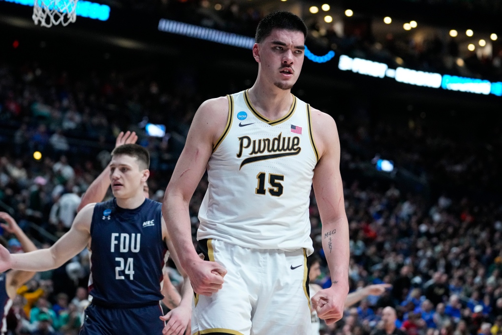 Purdue center Zach Edey (15) reacts after being fouled by Fairleigh Dickinson in the second half of a first-round college basketball game in the men's NCAA Tournament in Columbus, Ohio, Friday, March 17, 2023. (AP Photo/Michael Conroy, File)
