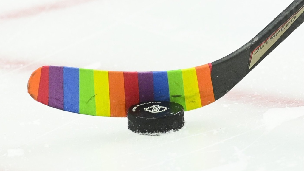 An Ottawa Senators player warms-up with rainbow-coloured hockey tape prior to taking on the Vancouver Canucks in NHL hockey action in Ottawa on Wednesday, April 28, 2021.The Toronto Maple Leafs won’t wear themed warmup jerseys for the team’s annual Pride night celebration Tuesday. THE CANADIAN PRESS/Sean Kilpatrick