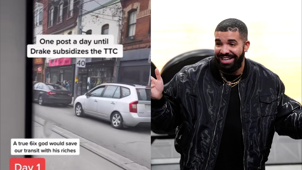 An avid Toronto transit user is calling on Drake through daily Instagram posts to subsidize the TTC. (Instagram/@drake_ttc_fund, AP Photo/Mark J. Terrill)