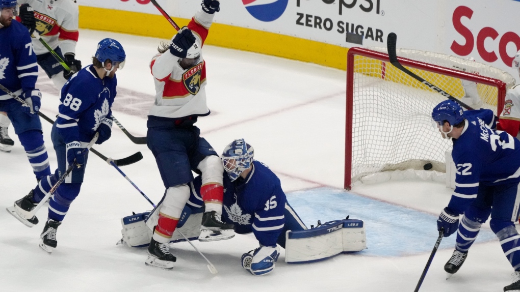 Florida Panthers defenceman Marc Staal (18) celebrates a goal on Toronto Maple Leafs goaltender Ilya Samsonov (35) by Panthers' Brandon Montour, not shown, during third period, second round, game one, NHL Stanley Cup hockey action in Toronto, Tuesday, May 2, 2023. THE CANADIAN PRESS/Chris Young