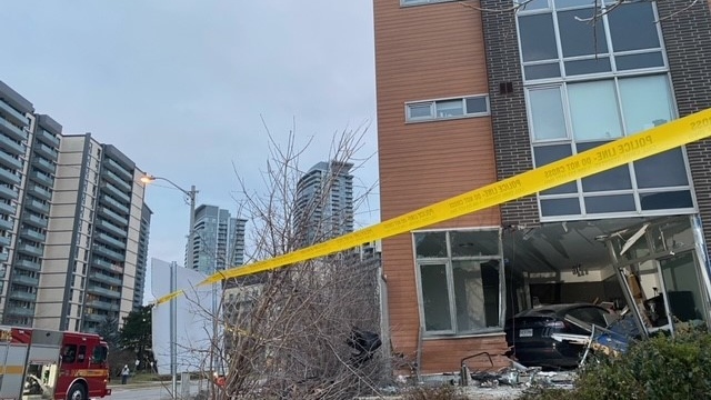 Police are investigating after a vehicle crashed into a townhouse complex in North York on Jan. 5, 2024.