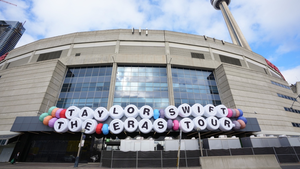 A Taylor Swift band sits on the front of Rogers Centre ahead of the opening night of Swift's Eras tour in Toronto, Wednesday, Nov. 13, 2024. THE CANADIAN PRESS/Chris Young