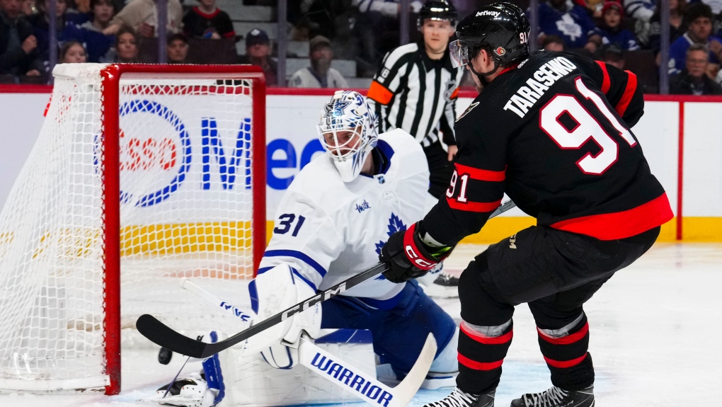 Ottawa Senators right wing Vladimir Tarasenko (91) scores on Toronto Maple Leafs goaltender Martin Jones (31) during second period NHL hockey action in Ottawa on Saturday, Feb. 10, 2024. THE CANADIAN PRESS/Sean Kilpatrick