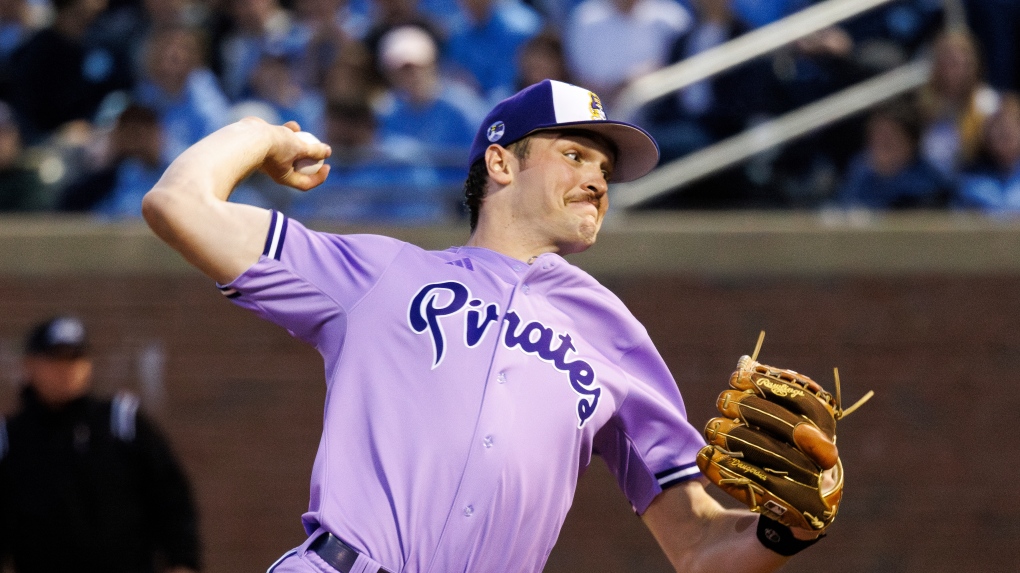 East Carolina's Trey Yesavage (46) pitches during an NCAA Baseball game on Friday, Feb. 23, 2024, in Chapel Hill, N.C. (AP Photo/Ben McKeown)